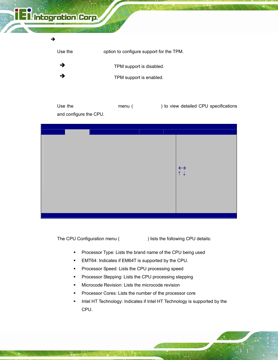 3 cpu configuration, Bios menu 5: cpu configuration | IEI Integration POC-17i_19i-Series_IEI User Manual | Page 68 / 128