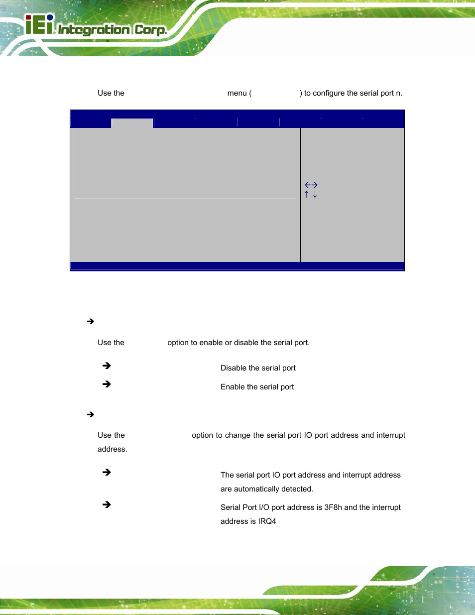 1 serial port n configuration, 1 serial port 0 configuration, Bios menu 9: serial port n configuration menu | IEI Integration POC-17i_19i-Series_IEI User Manual | Page 72 / 128