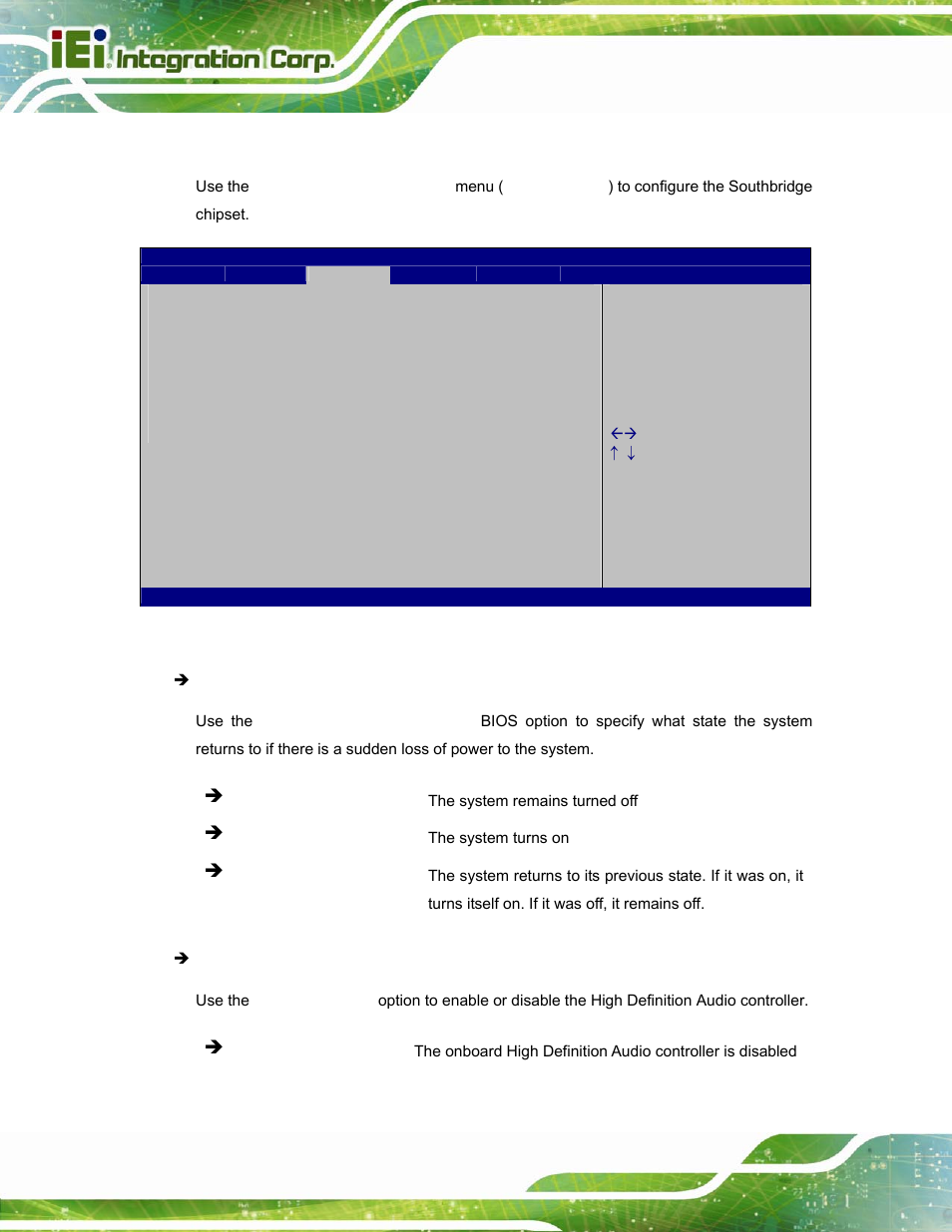 2 southbridge configuration, Bios menu 14: southbridge chipset configuration | IEI Integration POC-17i_19i-Series_IEI User Manual | Page 80 / 128