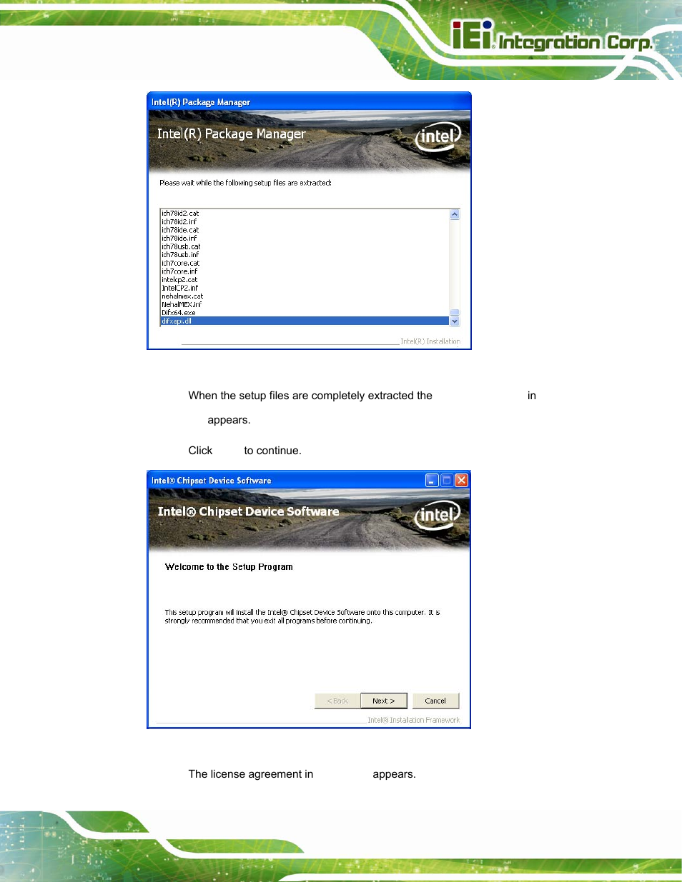 Figure 6-1: chipset driver file extraction screen, Figure 6-2: chipset driver welcome screen | IEI Integration POC-17i_19i-Series_IEI User Manual | Page 89 / 128