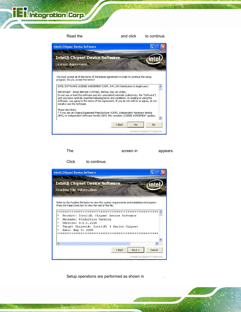 Figure 6-3: chipset driver license agreement, Figure 6-4: readme file information screen | IEI Integration POC-17i_19i-Series_IEI User Manual | Page 90 / 128