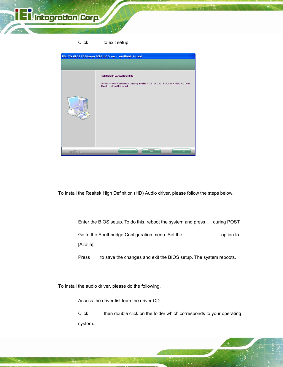 5 audio driver installation, 1 bios setup, 2 driver installation | Udio, River, Nstallation, Figure 6-17: lan driver installation complete, Figure 6-17 appe | IEI Integration POC-17i_19i-Series_IEI User Manual | Page 98 / 128