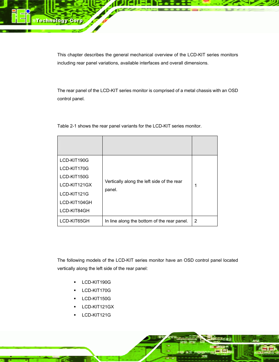 1 introduction, 2 rear panel, 1 rear panel variants | 2 rear panel variant 1, Ntroduction, Anel, Table 2-1: rear panel variants | IEI Integration LCD-KIT Series v2.00 User Manual | Page 20 / 90