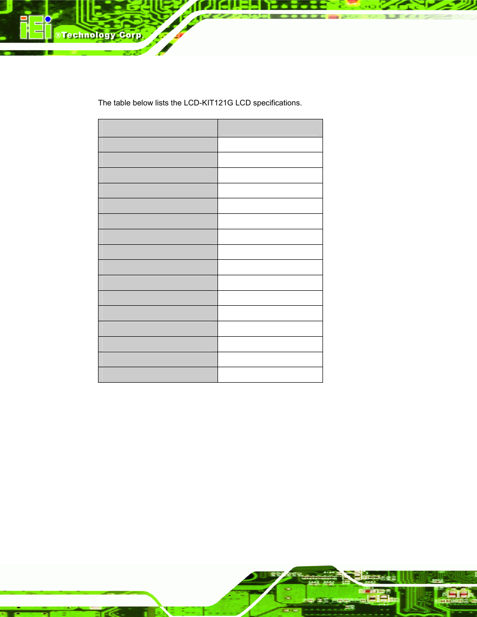 6 lcd-kit121g lcd specifications, Table 3-5: lcd-kit121g lcd specifications | IEI Integration LCD-KIT Series v2.00 User Manual | Page 38 / 90