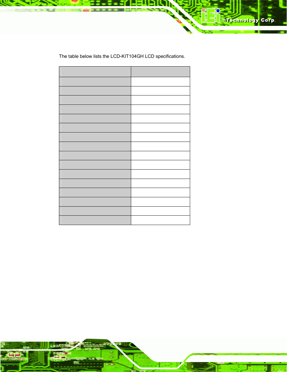 7 lcd-kit104gh lcd specifications, Table 3-6: lcd-kit104gh lcd specifications | IEI Integration LCD-KIT Series v2.00 User Manual | Page 39 / 90