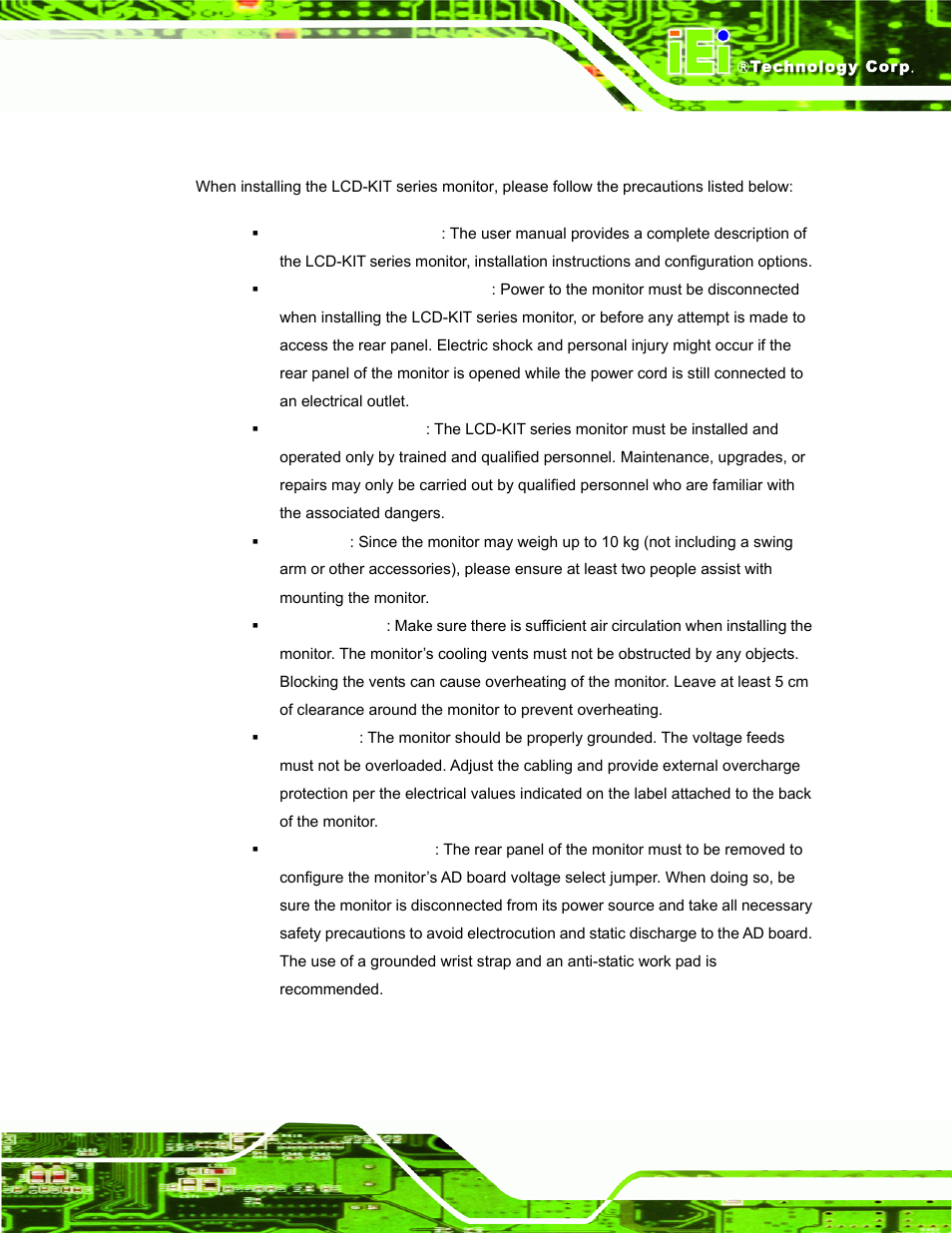 1 installation precautions, Nstallation, Recautions | IEI Integration LCD-KIT Series v2.00 User Manual | Page 51 / 90