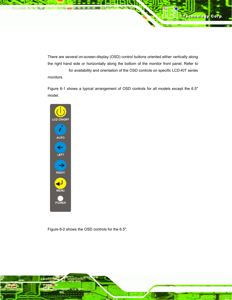 1 user mode osd structure, 1 osd buttons, Tructure | Figure 6-1: osd control buttons (except 6.5") | IEI Integration LCD-KIT Series v2.00 User Manual | Page 57 / 90