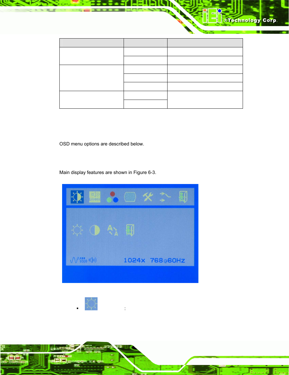 2 using the osd, 1 main display features, Sing the | Figure 6-3: main display features, Table 6-1: osd menus, Lcd-kit page 49 | IEI Integration LCD-KIT Series v2.00 User Manual | Page 59 / 90