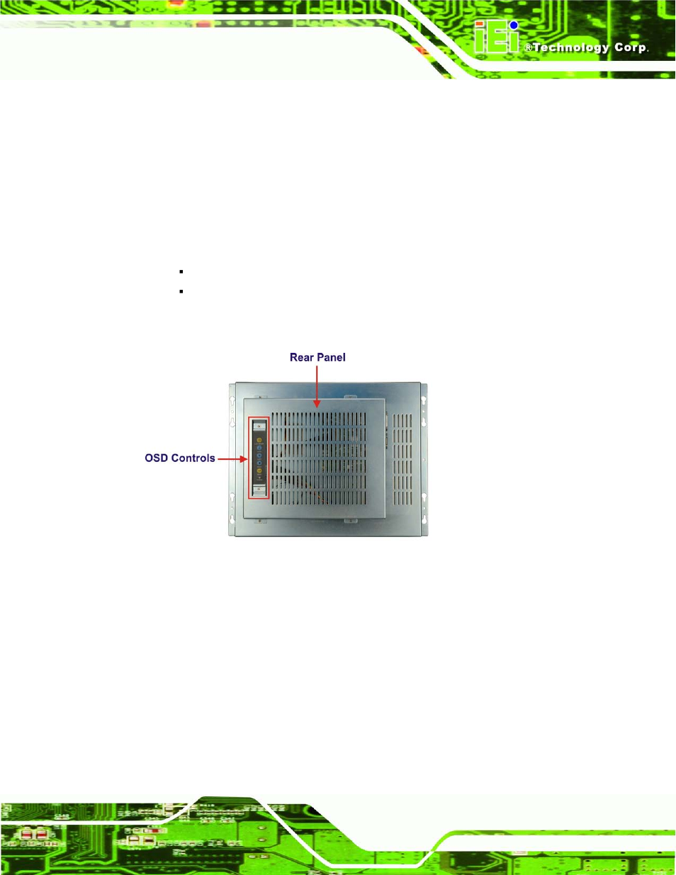 1 introduction, 2 rear panel, 3 connector panel | 1 available connectors, Ntroduction, Anel, Onnector, Figure 2-1: rear panel | IEI Integration LCD-KIT Series v3.00 User Manual | Page 18 / 76