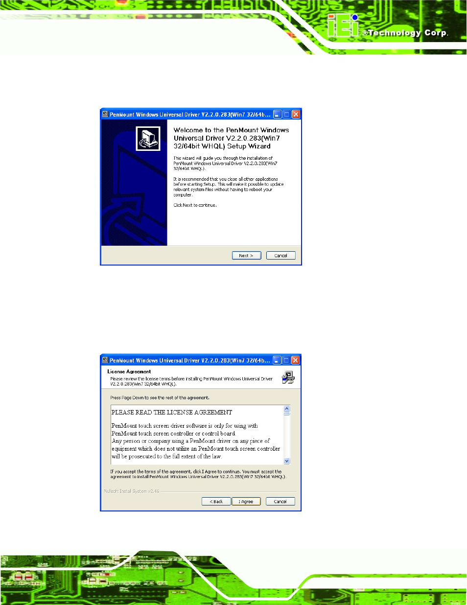 Figure 7-2: welcome screen, Figure 7-3: license agreement | IEI Integration LCD-KIT Series v3.00 User Manual | Page 46 / 76