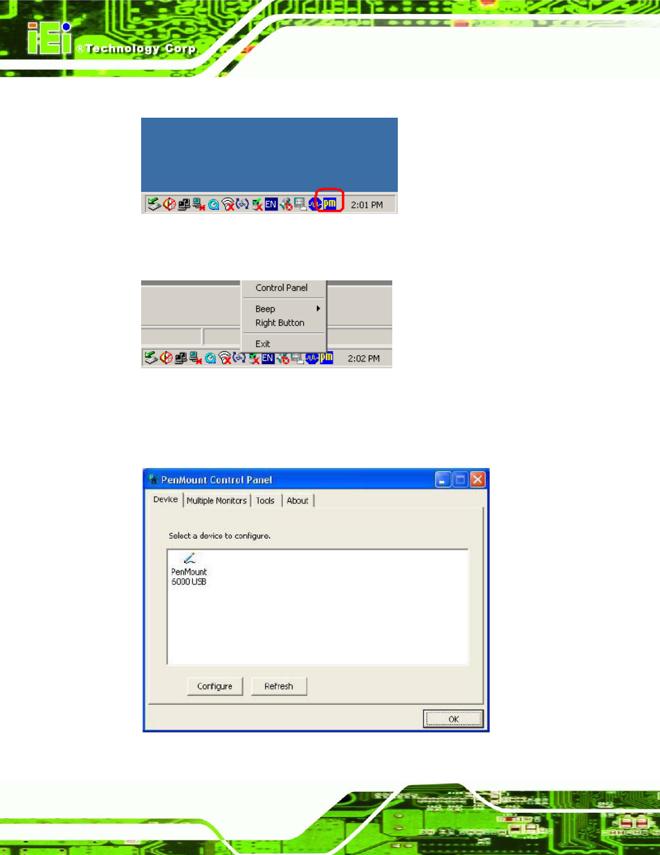 Figure 7-7: penmount monitor icon, Figure 7-8: penmount monitor popup menu, Figure 7-9: configuration screen | IEI Integration LCD-KIT Series v3.00 User Manual | Page 49 / 76