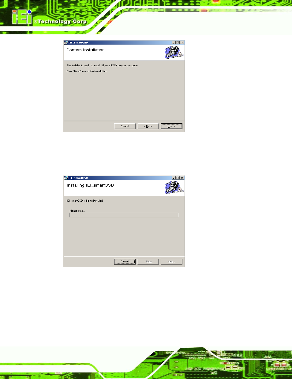 Figure c-4: smartosd confirm installation, Figure c-5: smartosd installation progress | IEI Integration LCD-KIT Series v3.00 User Manual | Page 61 / 76