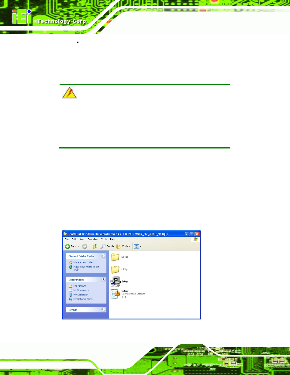 3 touch panel driver installation, Ouch, Anel | River, Nstallation, Figure 7-1: setup icon | IEI Integration SRM_121_150 v2.02 User Manual | Page 76 / 107