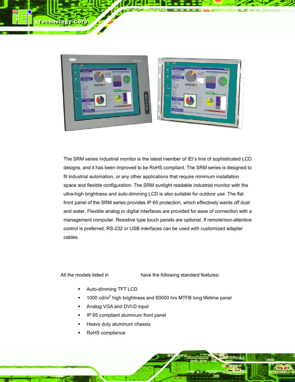 1 overview, 1 standard features, Verview | Figure 1-1: srm and srm-kit series lcd monitor | IEI Integration SRM_121_150 v3.00 User Manual | Page 12 / 106