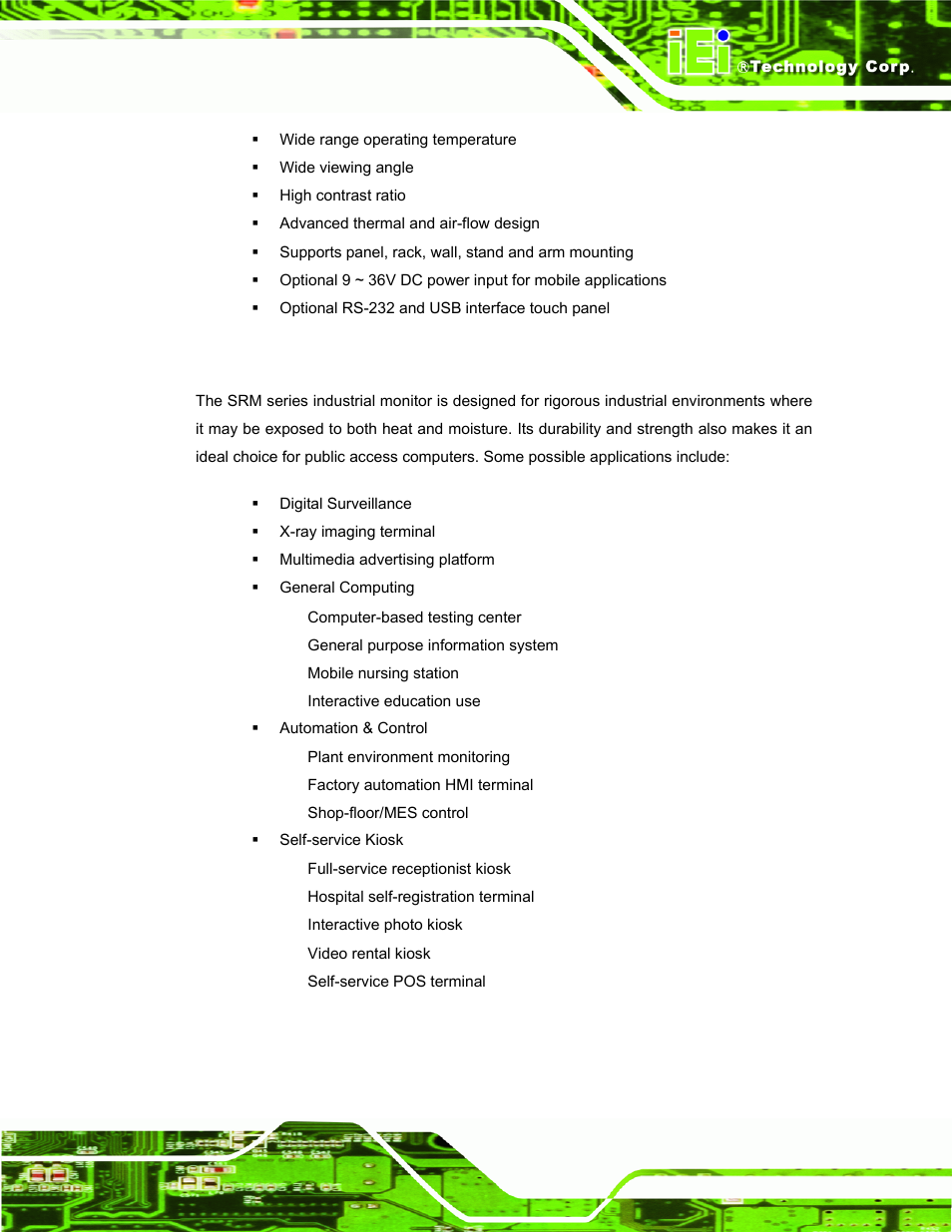 2 srm series industrial monitor applications | IEI Integration SRM_121_150 v3.00 User Manual | Page 13 / 106