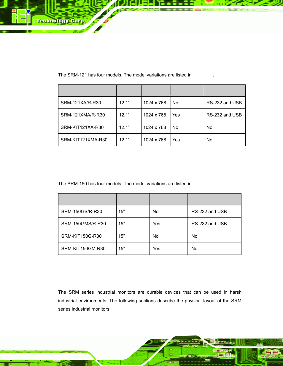 3 model variations, 1 srm-121 model variations, 2 srm-150 model variations | 2 external overview, Xternal, Verview, Table 1-1: srm-121 model variants, Table 1-2: srm-150 model variants | IEI Integration SRM_121_150 v3.00 User Manual | Page 14 / 106