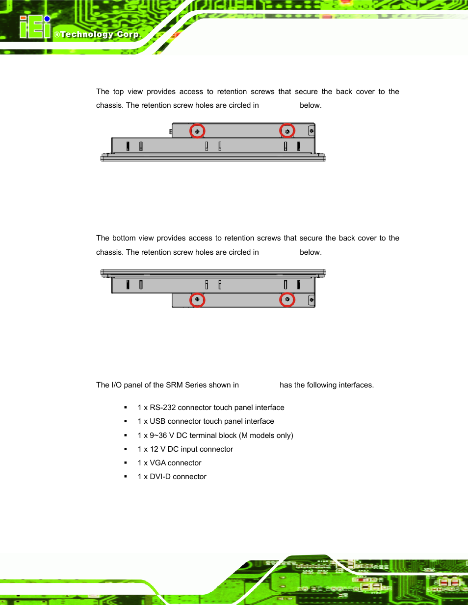 5 top view, 6 bottom view, 7 srm series i/o panel | Figure 1-6: top view, Figure 1-7: bottom view | IEI Integration SRM_121_150 v3.00 User Manual | Page 18 / 106