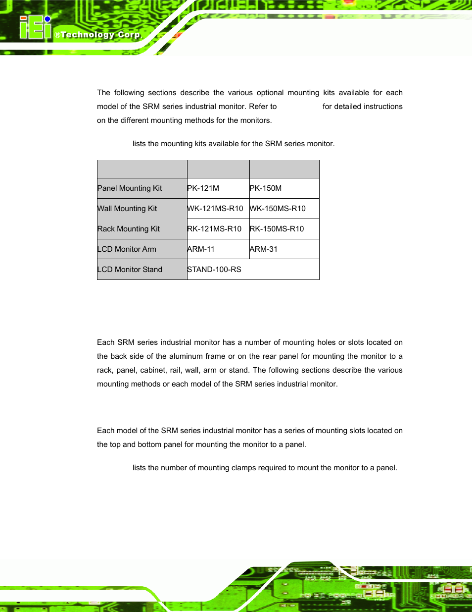 2 mounting kits, 3 mounting options, 1 panel mounting | Ounting, Ptions, Table 2-1: srm series mounting kits | IEI Integration SRM_121_150 v3.00 User Manual | Page 28 / 106