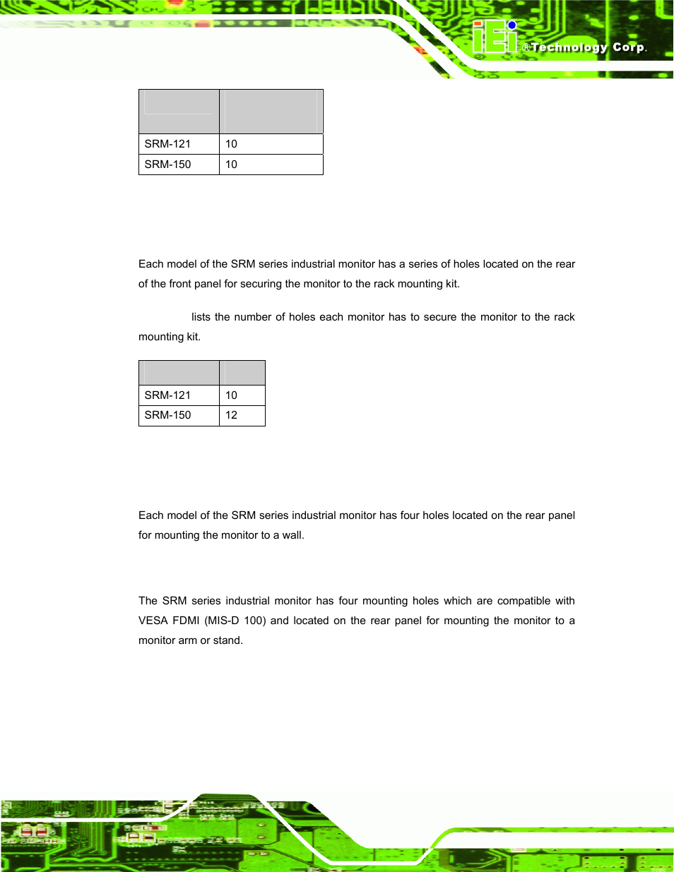 2 rack and cabinet mounting, 3 wall mounting, 4 monitor arm or stand mounting | Table 2-2: panel mounting clamps, Table 2-3: rack mounting holes, Table 2-2, List | IEI Integration SRM_121_150 v3.00 User Manual | Page 29 / 106