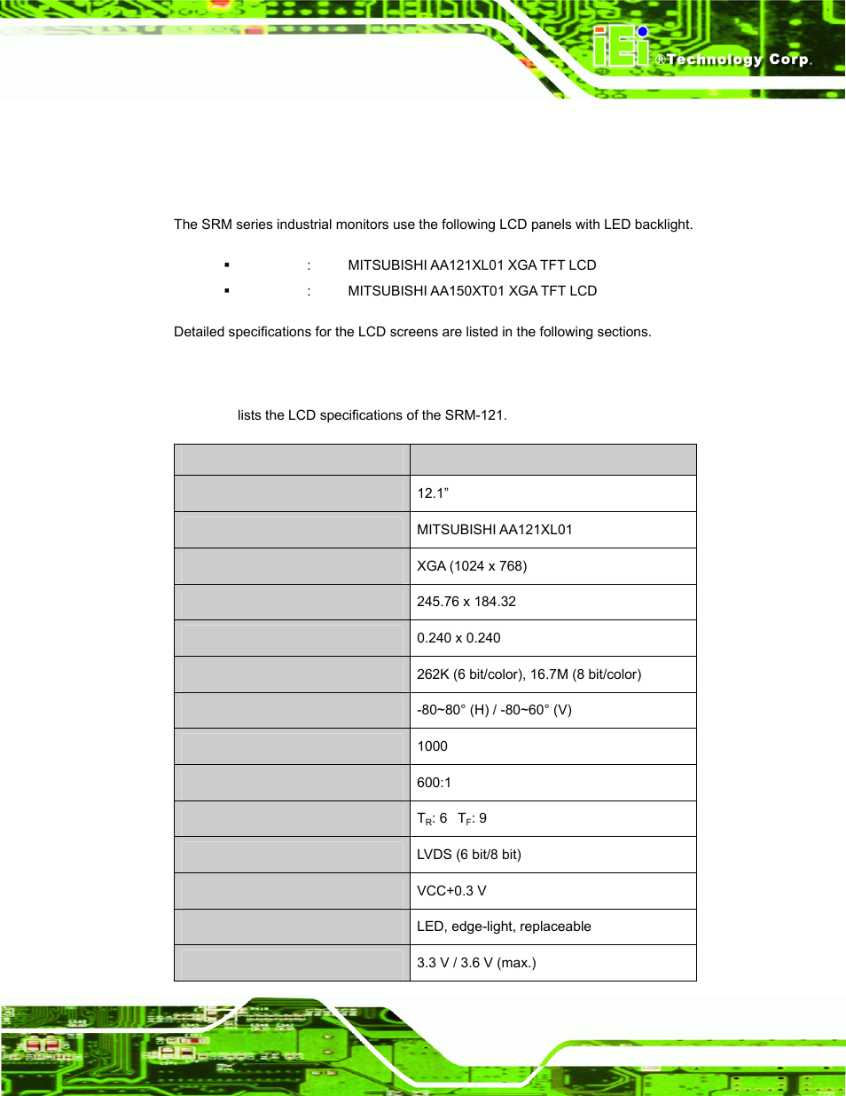 1 lcd specifications, 1 lcd overview, 2 srm-121 lcd specifications | Pecifications | IEI Integration SRM_121_150 v3.00 User Manual | Page 31 / 106