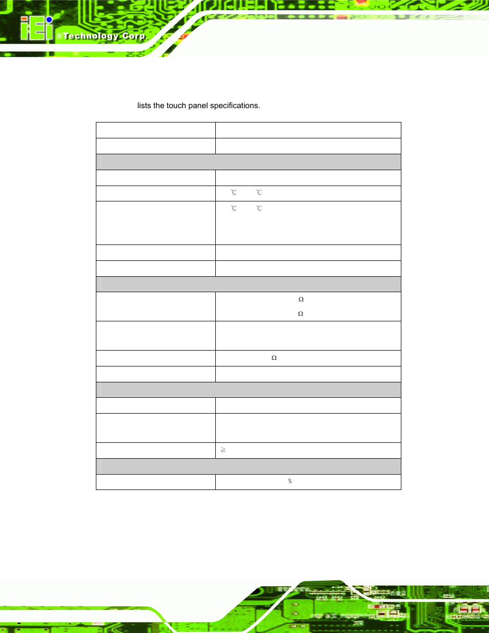 3 touch panel specifications, Table 3-5: touch panel specifications | IEI Integration SRM_121_150 v3.00 User Manual | Page 36 / 106