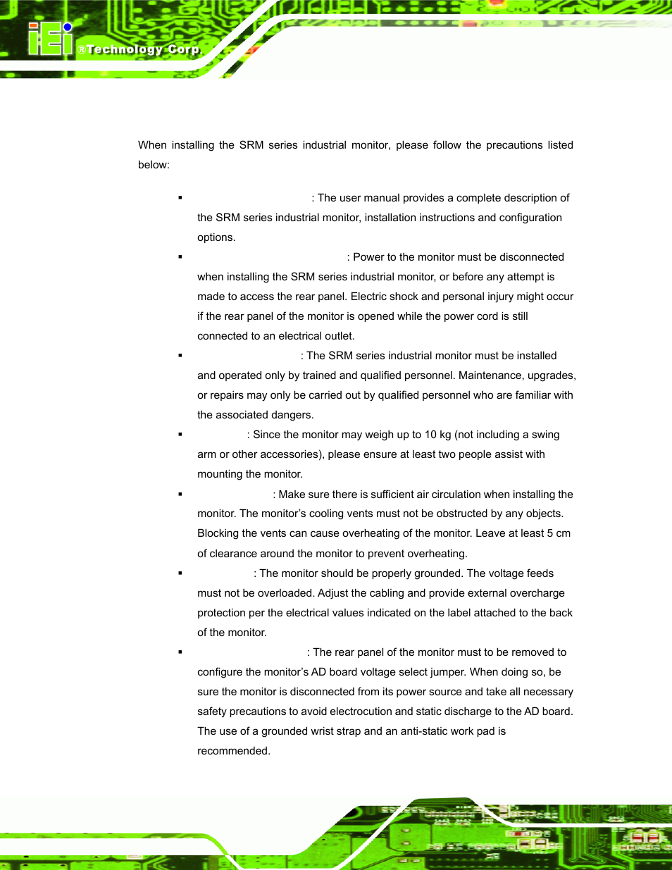 1 installation precautions, Nstallation, Recautions | IEI Integration SRM_121_150 v3.00 User Manual | Page 42 / 106