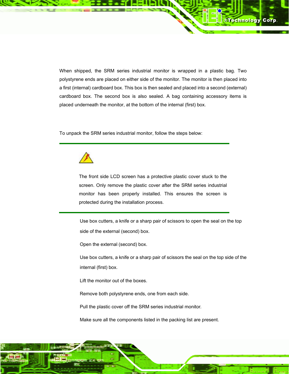 2 unpacking, 1 packaging, 2 unpacking procedure | Npacking | IEI Integration SRM_121_150 v3.00 User Manual | Page 43 / 106