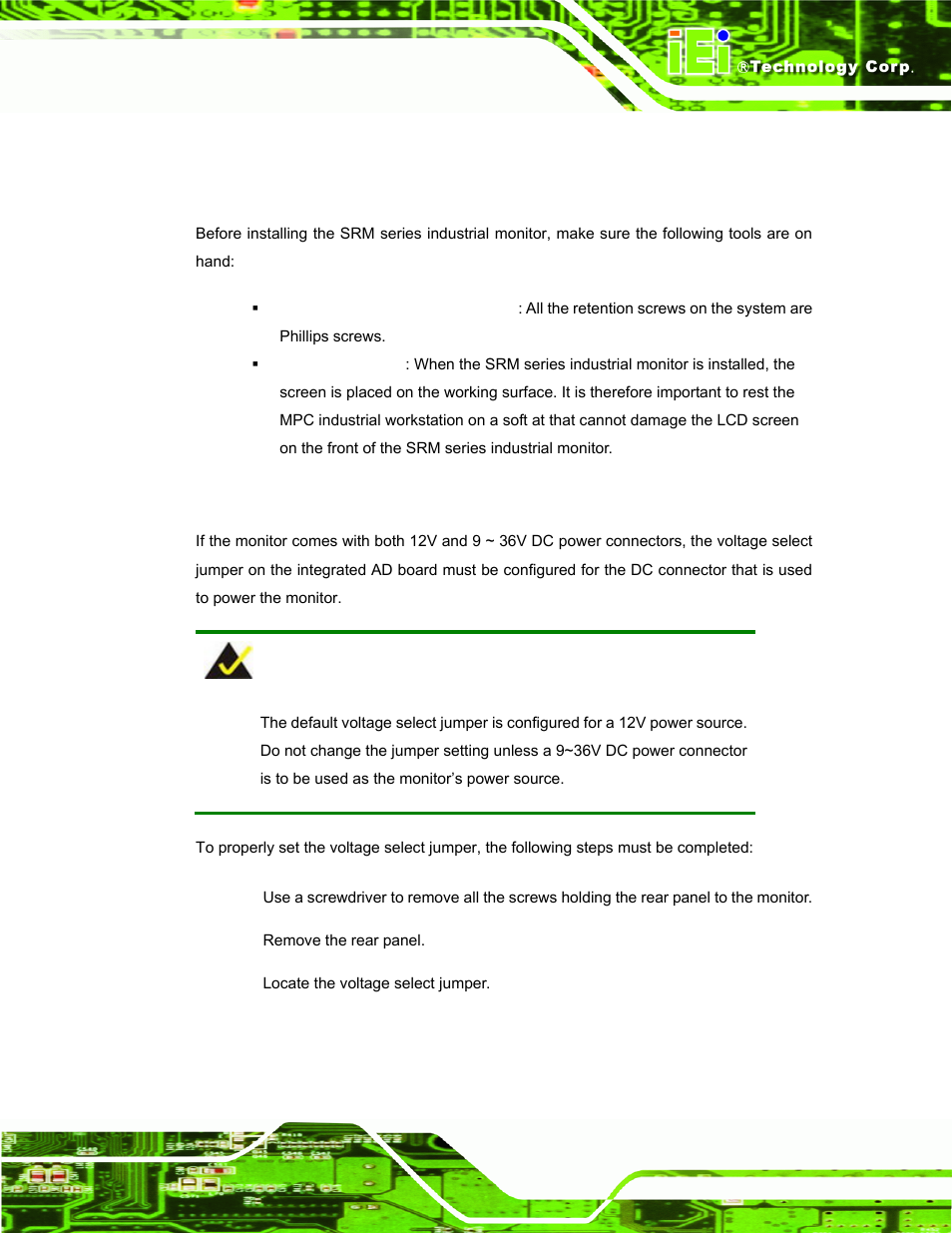 3 pre-installation preparation, 1 tools, 2 voltage select jumper settings | Installation, Reparation | IEI Integration SRM_121_150 v3.00 User Manual | Page 45 / 106