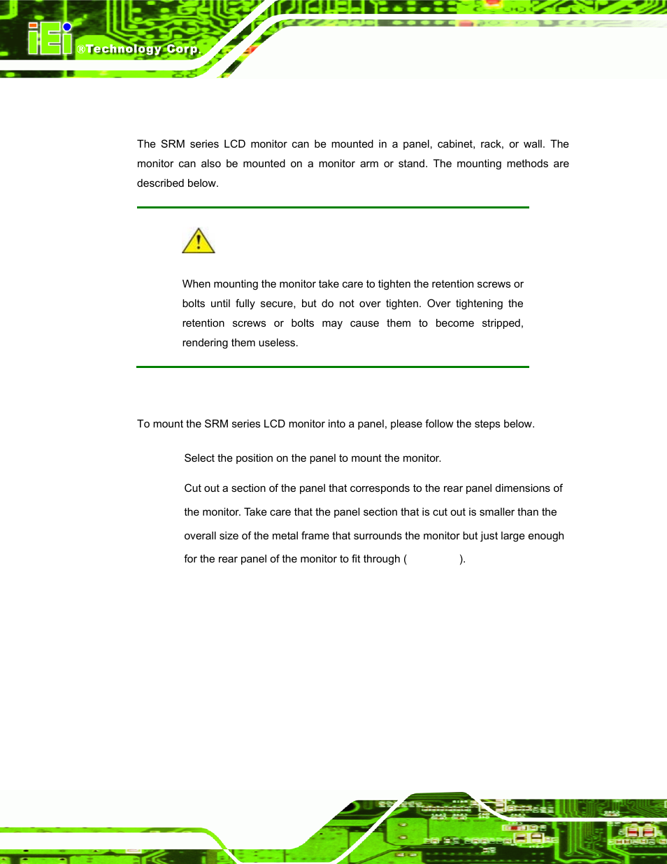 5 mounting the srm series lcd monitor, 1 panel mounting, Ounting the | Eries, Onitor | IEI Integration SRM_121_150 v3.00 User Manual | Page 50 / 106