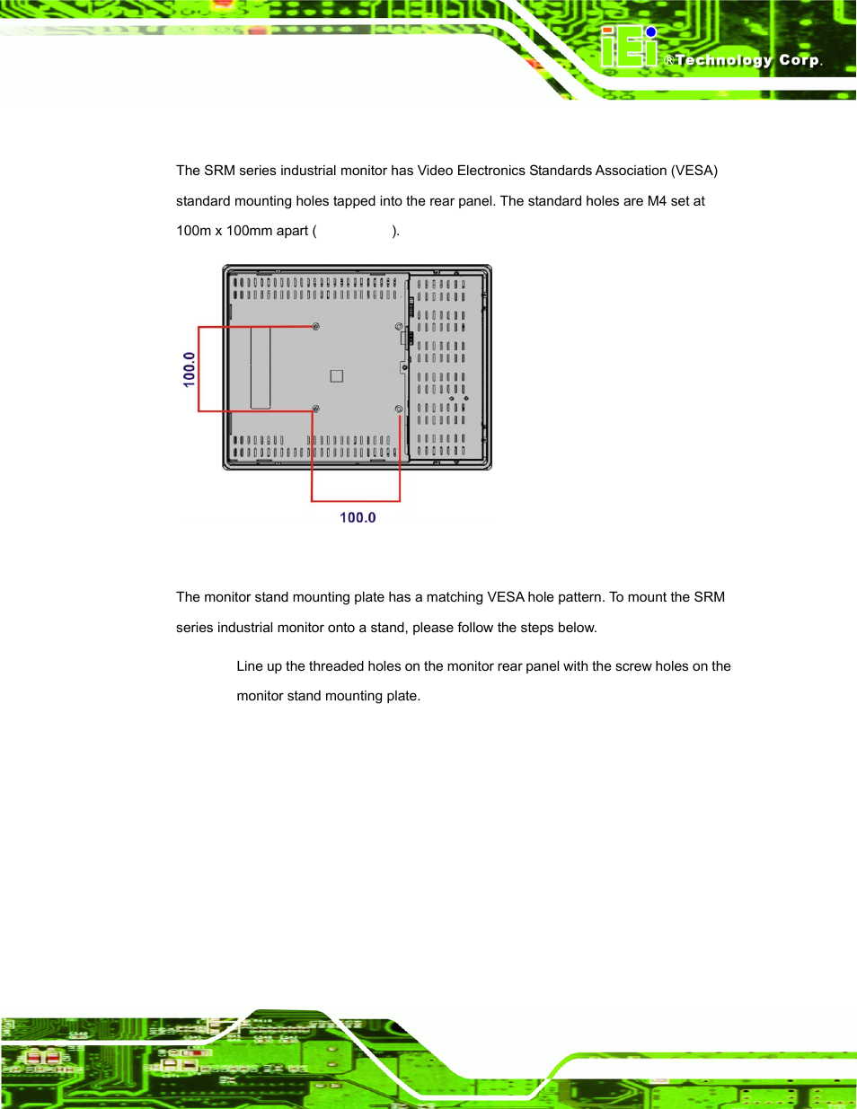 4 monitor stand installation, Figure 5-14: vesa mounting holes | IEI Integration SRM_121_150 v3.00 User Manual | Page 59 / 106