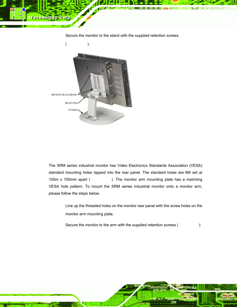 5 monitor arm installation, Figure 5-15: monitor stand mounting | IEI Integration SRM_121_150 v3.00 User Manual | Page 60 / 106