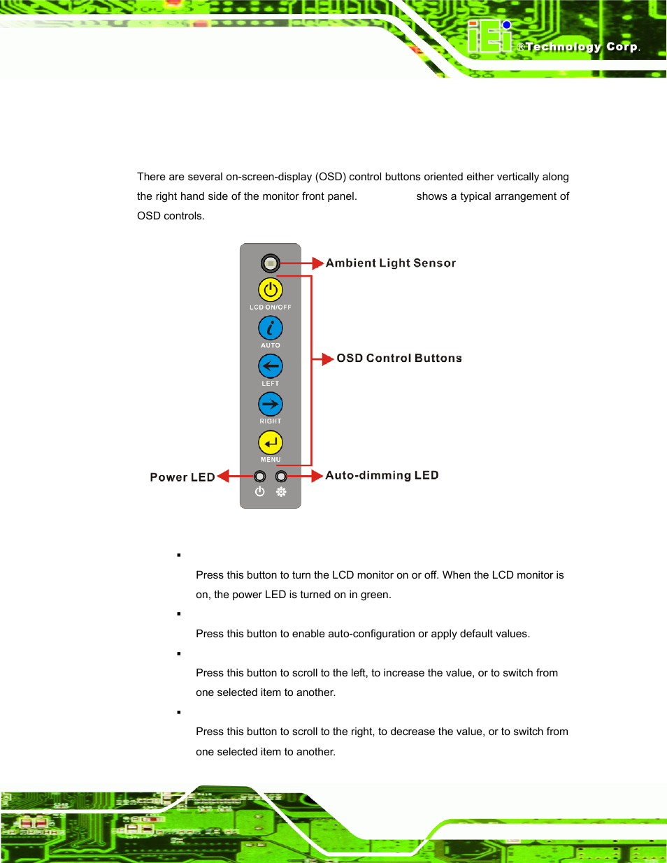 1 user mode osd structure, 1 osd buttons, Tructure | Figure 6-1: osd control buttons for all models | IEI Integration SRM_121_150 v3.00 User Manual | Page 63 / 106