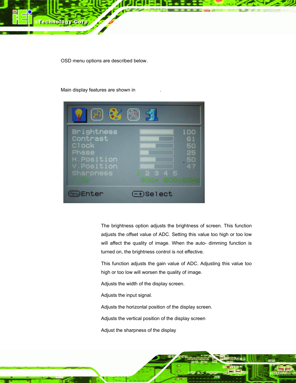 2 using the osd, 1 main display features, Sing the | Figure 6-2: main display features | IEI Integration SRM_121_150 v3.00 User Manual | Page 66 / 106