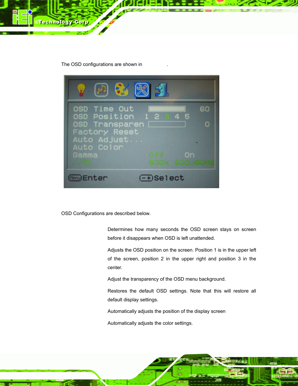 3 osd configurations, Figure 6-4: osd configurations menu | IEI Integration SRM_121_150 v3.00 User Manual | Page 68 / 106