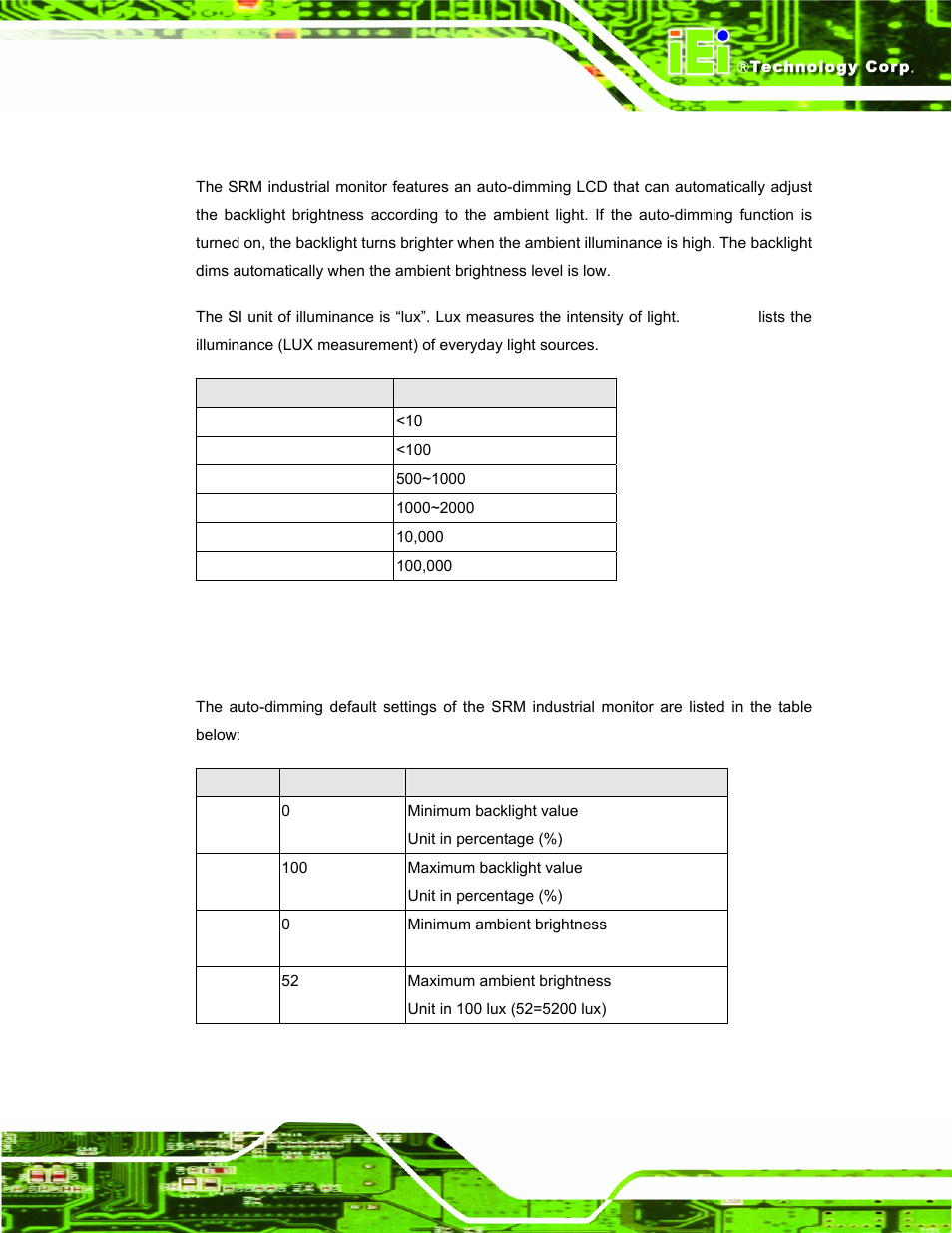 4 auto-dimming configurations, 1 default settings, Table 6-3: auto-dimming default settings | IEI Integration SRM_121_150 v3.00 User Manual | Page 69 / 106