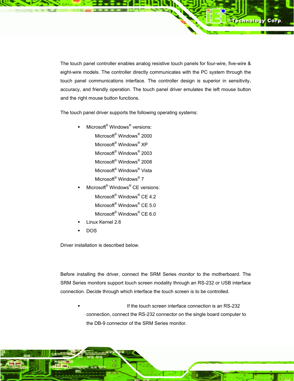 1 introduction, 2 rs-232 or usb touch screen, Ntroduction | Rs-232, Ouch, Creen | IEI Integration SRM_121_150 v3.00 User Manual | Page 73 / 106