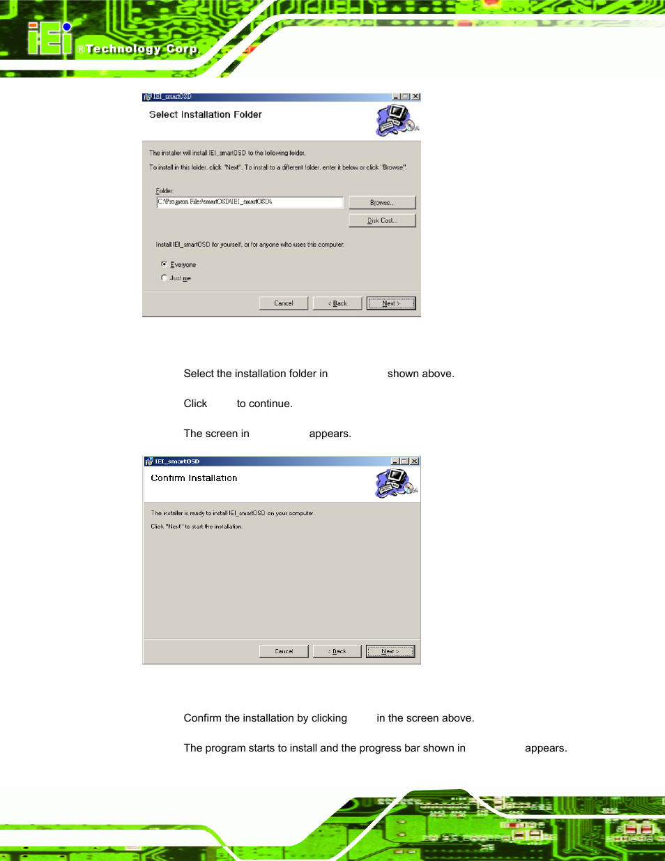 Figure c-3: smartosd folder select screen, Figure c-4: smartosd confirm installation | IEI Integration SRM_121_150 v3.00 User Manual | Page 92 / 106