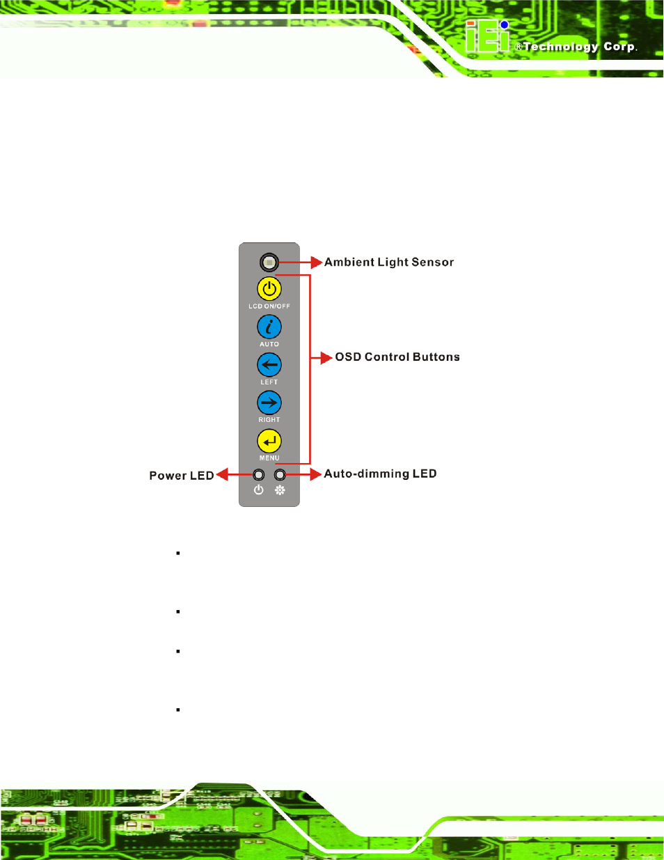 1 user mode osd structure, 1 osd buttons, Osd s | Tructure, Figure 6-1: osd control buttons for all models | IEI Integration SRM_121_150 v1.11 User Manual | Page 87 / 120