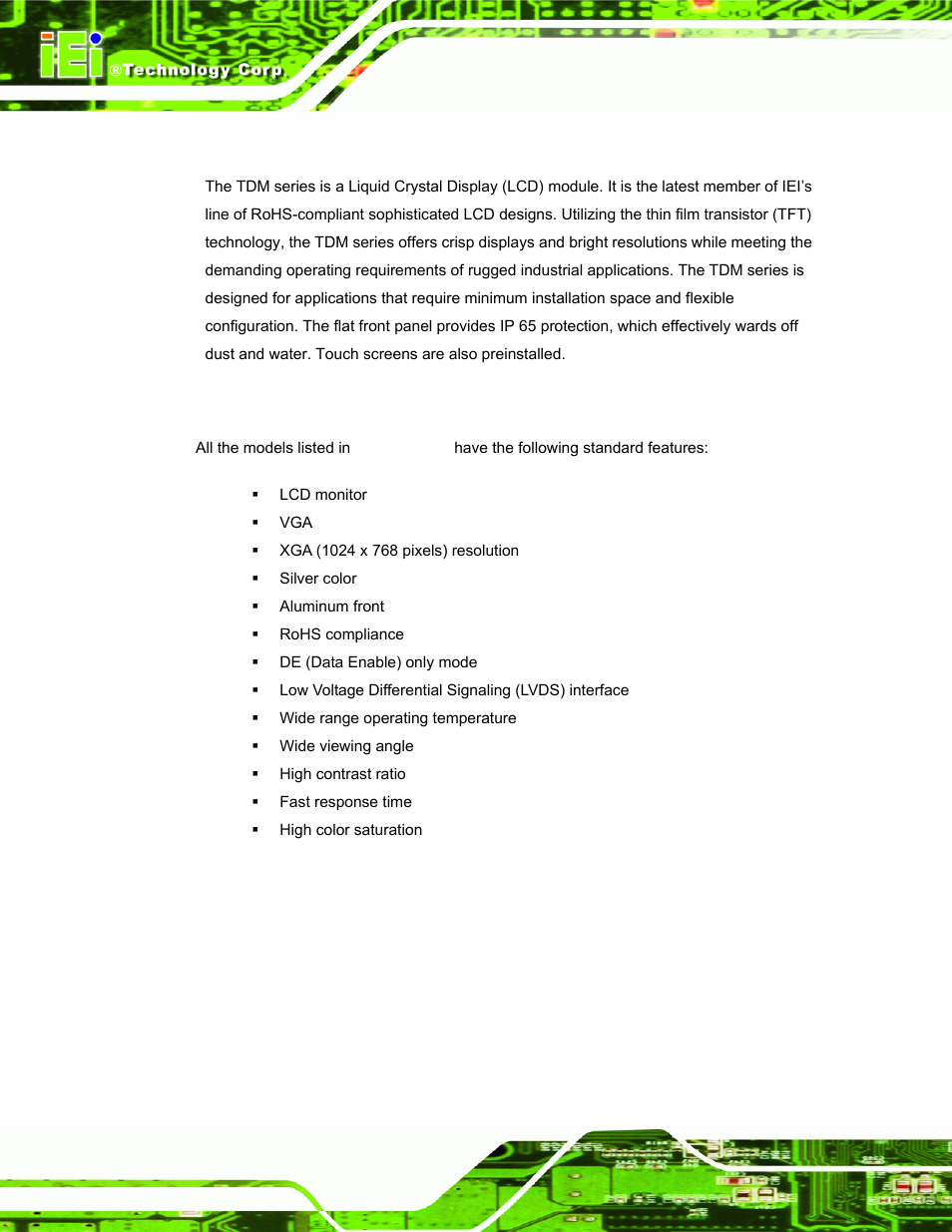 1 tdm-121gms/150gms lcd monitor overview, 1 standard features, Tdm-121gms/150gms | Onitor, Verview | IEI Integration TDM_Series v2.01 User Manual | Page 16 / 79