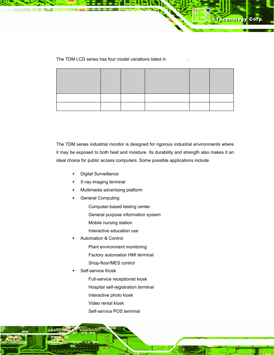 2 model variations, 3 applications, Table 1-1: tdm series model variants | IEI Integration TDM_Series v2.01 User Manual | Page 17 / 79
