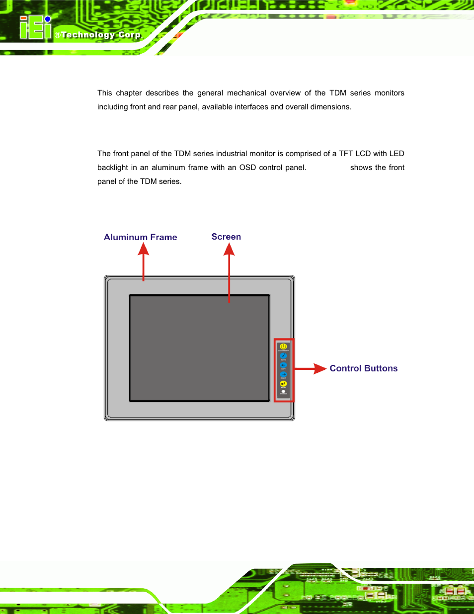 1 introduction, 2 front panel, Ntroduction | Ront, Anel, Figure 2-1: front panel | IEI Integration TDM_Series v2.01 User Manual | Page 26 / 79