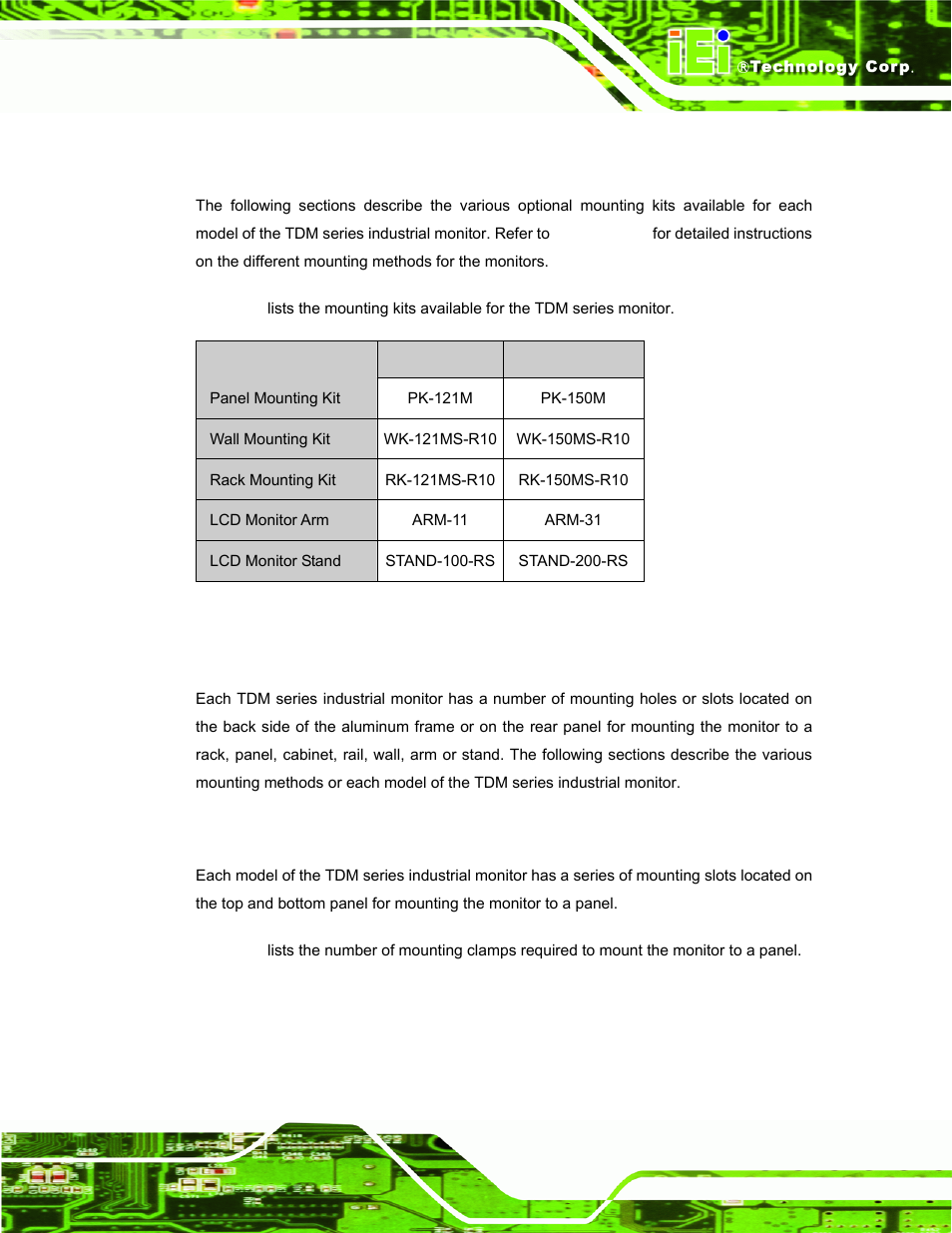 5 mounting kits, 6 mounting options, 1 panel mounting | Ounting, Ptions, Table 2-2: tdm series mounting kits | IEI Integration TDM_Series v2.01 User Manual | Page 31 / 79