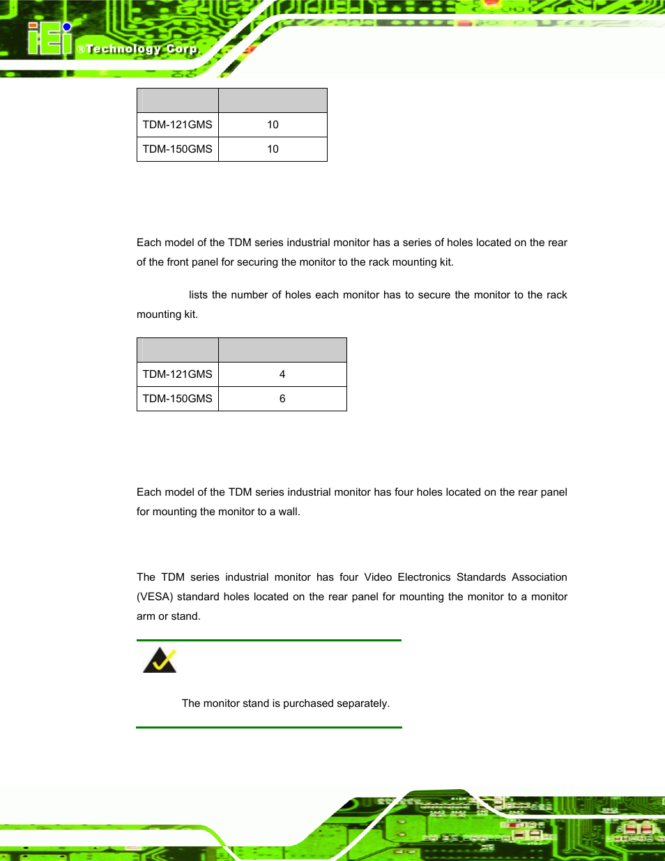 2 rack and cabinet mounting, 3 wall mounting, 4 monitor arm or stand mounting | Table 2-3: panel mounting clamps, Table 2-4: rack mounting holes, Table 2-3, List | IEI Integration TDM_Series v2.01 User Manual | Page 32 / 79