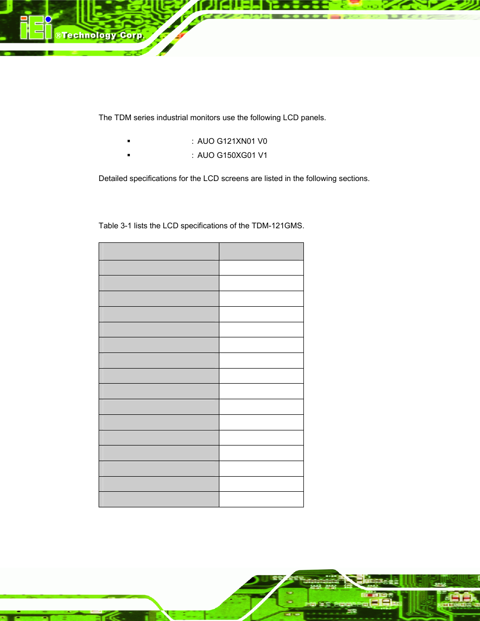 1 lcd specifications, 1 lcd overview, 2 tdm-121gms lcd specifications | Pecifications, Table 3-1: tdm-121gms lcd specifications, Tdm series monitor page 20 | IEI Integration TDM_Series v2.01 User Manual | Page 34 / 79