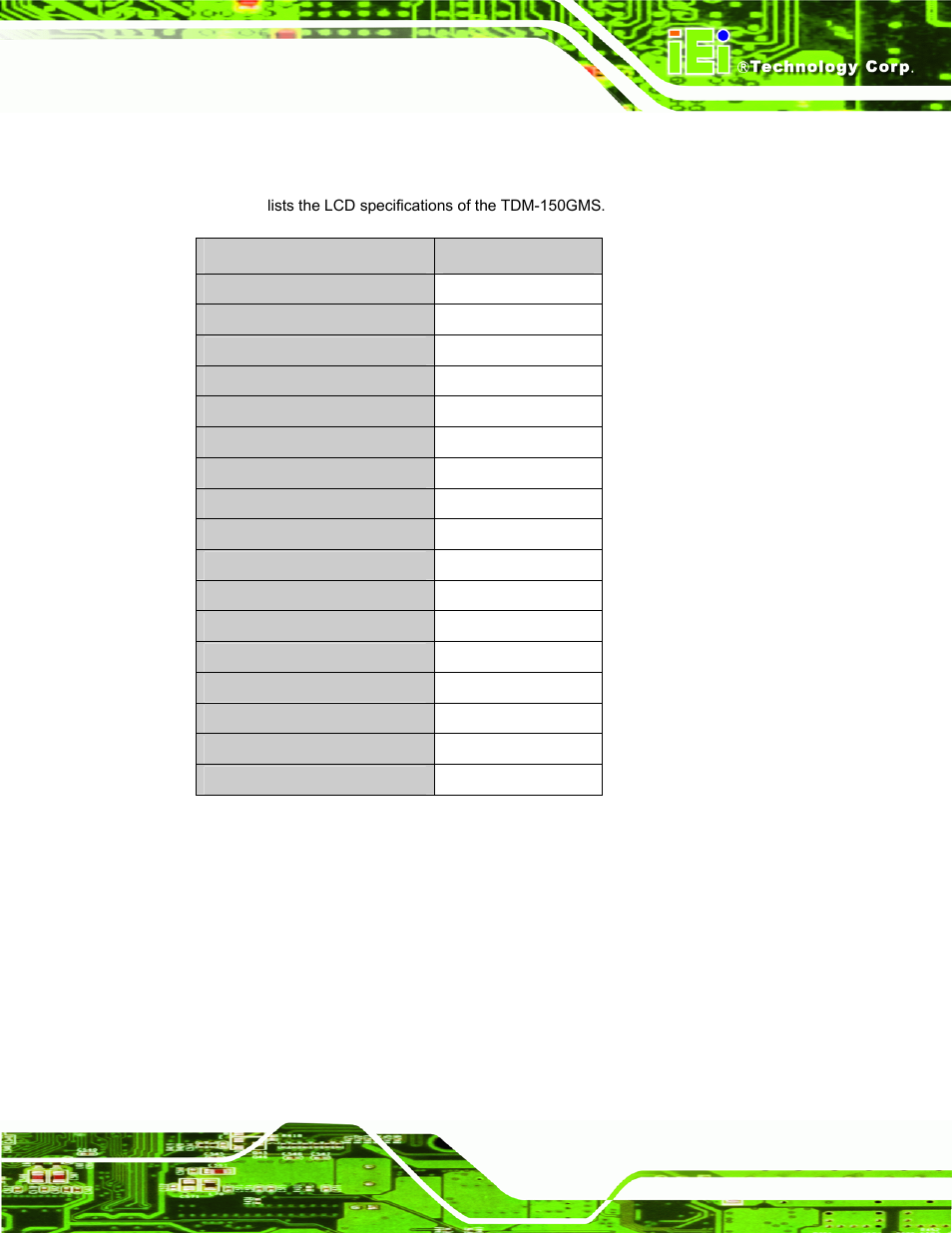 3 tdm-150gms lcd specifications, Table 3-2: tdm-150gms lcd specifications | IEI Integration TDM_Series v2.01 User Manual | Page 35 / 79