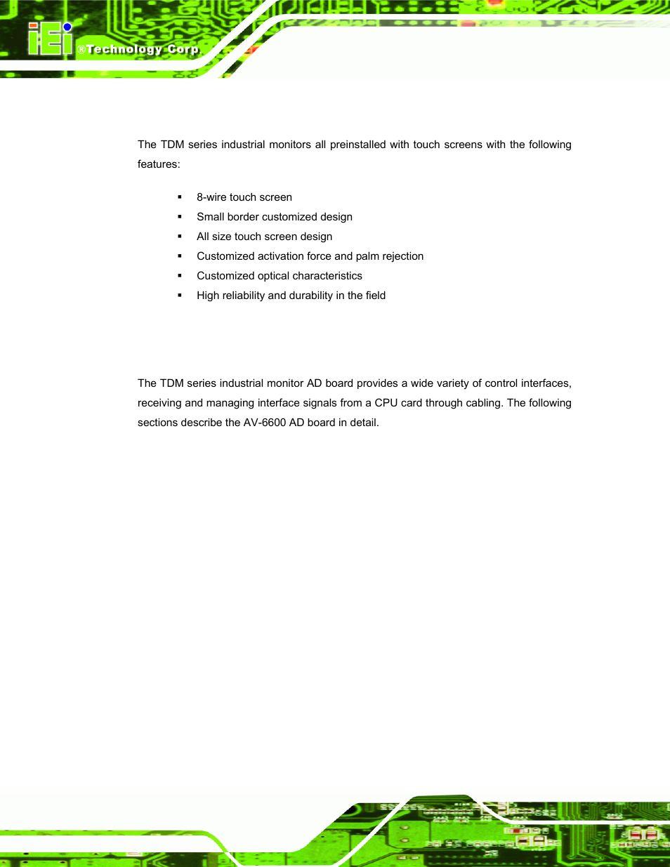 2 touch screens, 3 av-6600 ad board overview, Ouch | Creens, Av-6600, Oard, Verview | IEI Integration TDM_Series v2.01 User Manual | Page 36 / 79