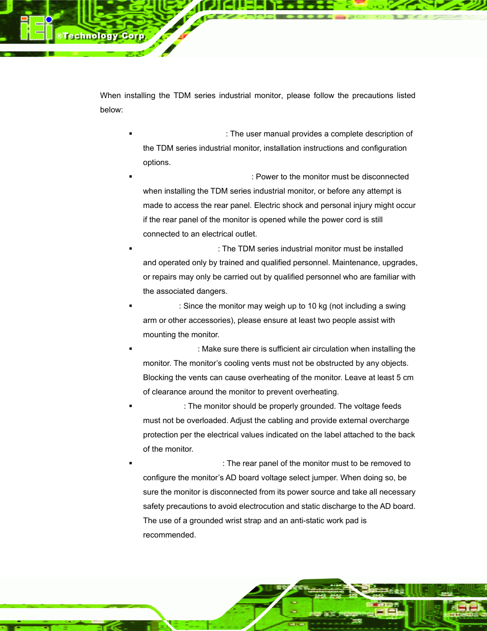 1 installation precautions, Nstallation, Recautions | IEI Integration TDM_Series v2.01 User Manual | Page 40 / 79