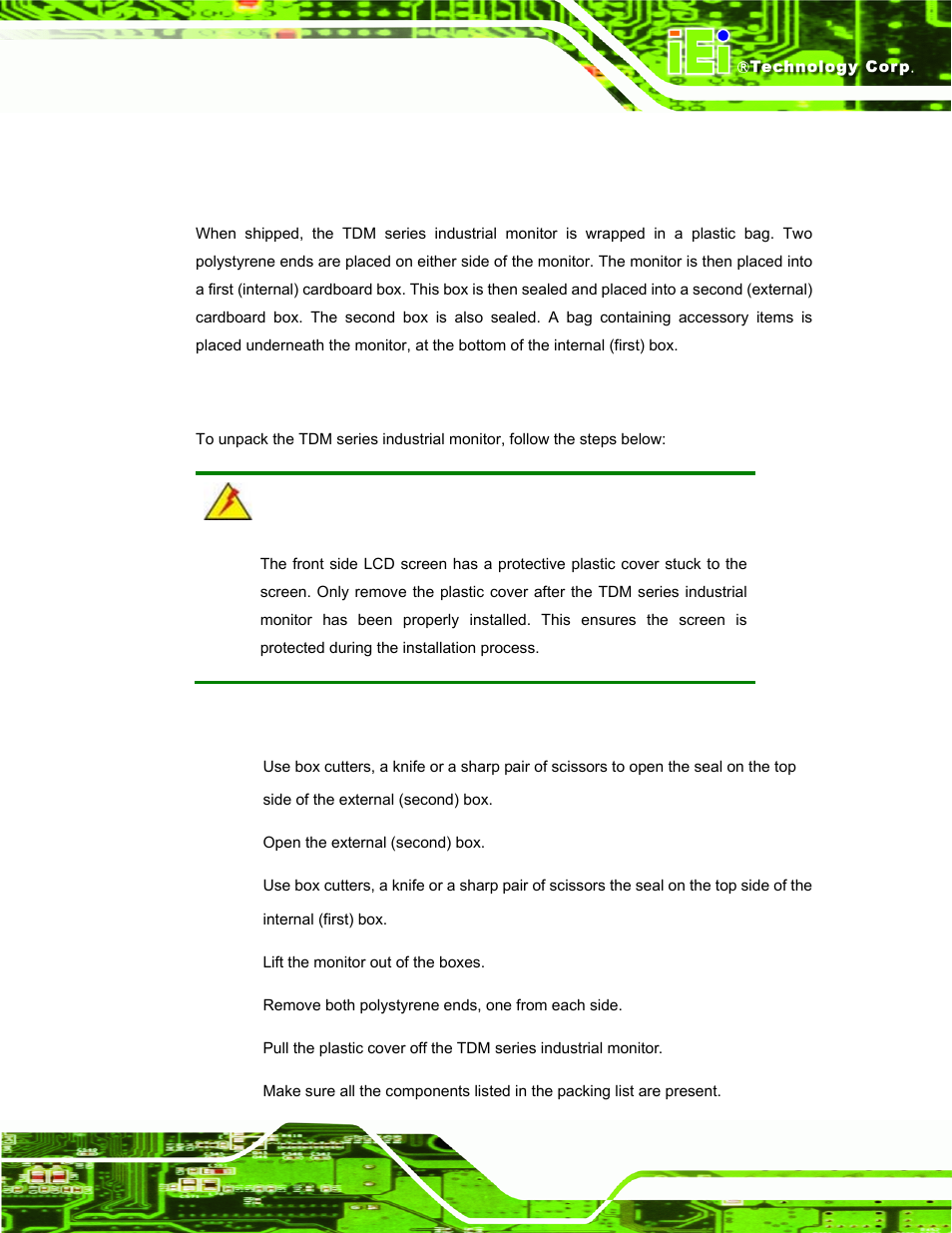 2 unpacking, 1 packaging, 2 unpacking procedure | Npacking | IEI Integration TDM_Series v2.01 User Manual | Page 41 / 79