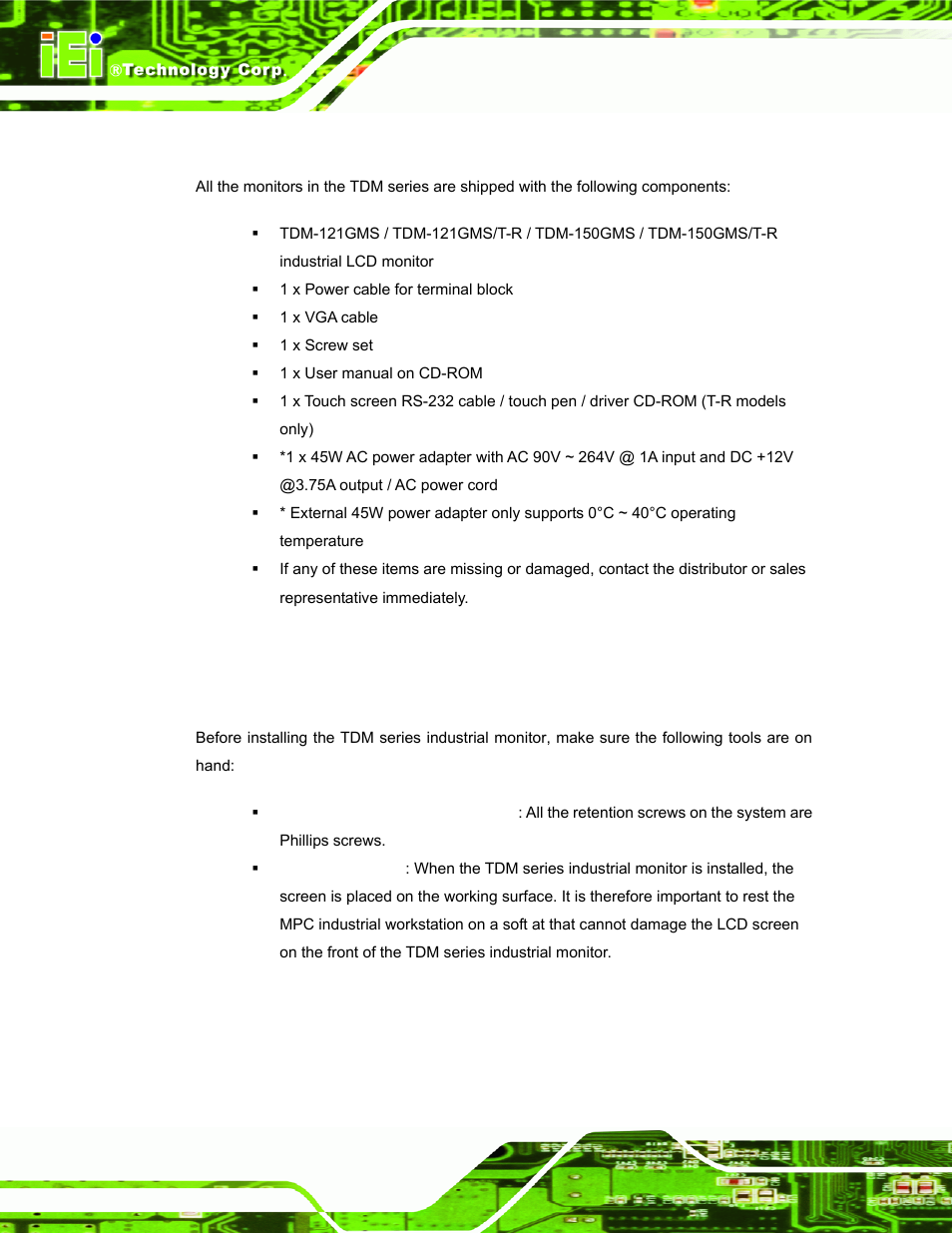 3 packing list, 3 pre-installation preparation, 1 tools | Installation, Reparation | IEI Integration TDM_Series v2.01 User Manual | Page 42 / 79