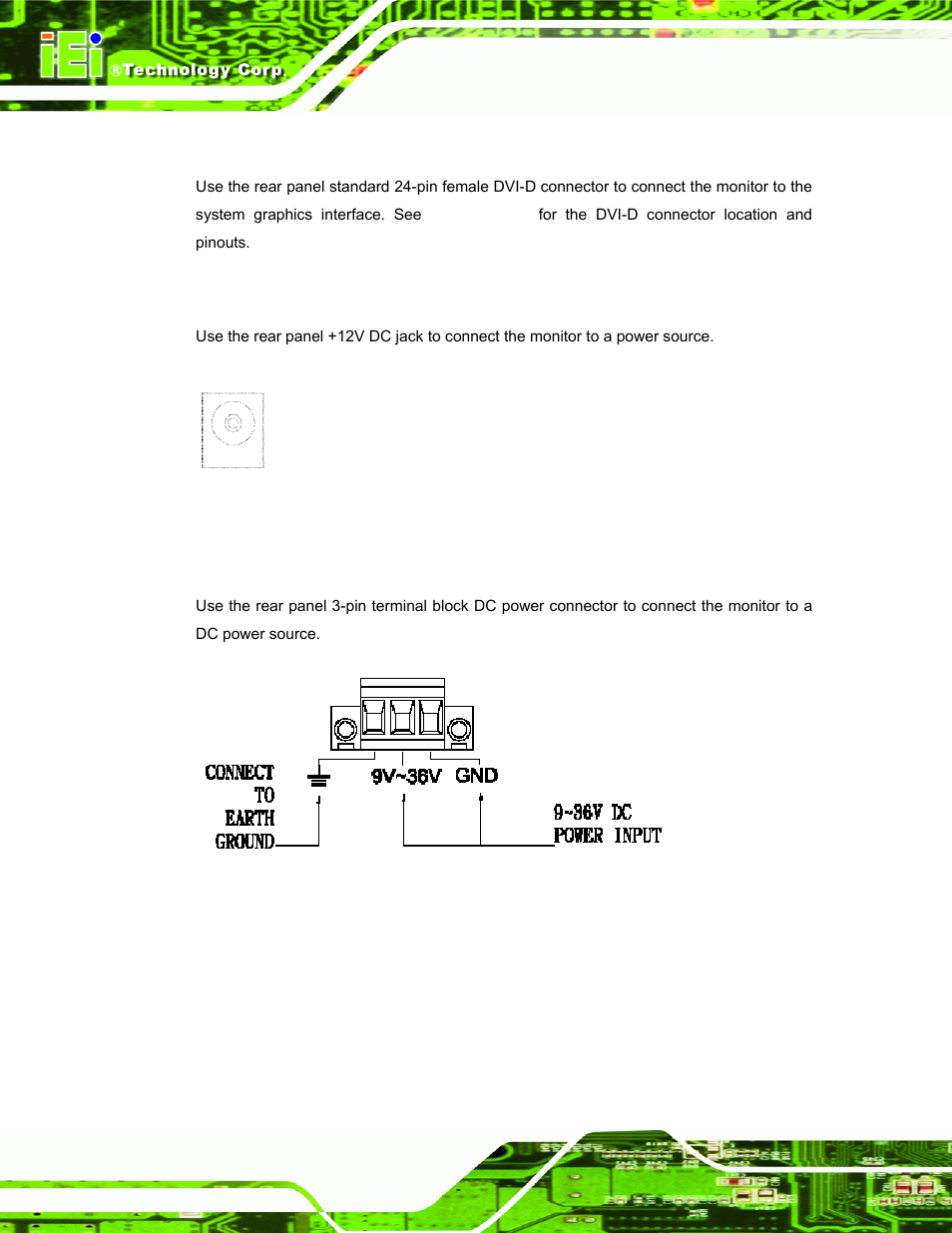 3 dvi-d connector, 4 12v power connector, 5 dc power connector | Figure 4-2: 12v power connector, Figure 4-3: dc power connector | IEI Integration TDM_Series v2.01 User Manual | Page 46 / 79